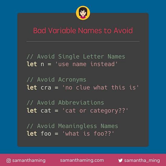 Bad Variable Names To Avoid 🙅‍♀️ | Samanthaming.Com