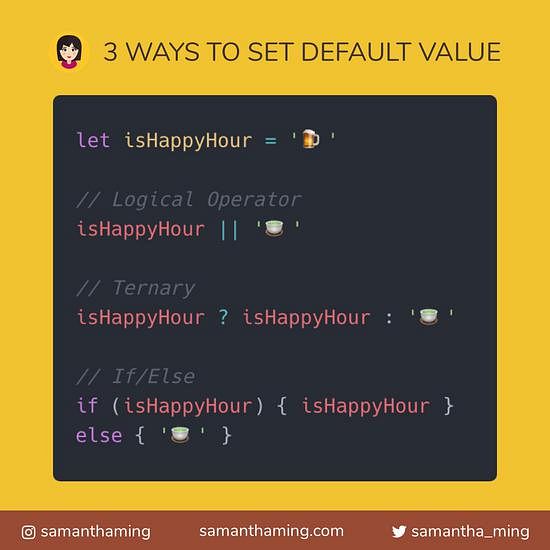Code snippet on 3 Ways to Set Default Value in JavaScript